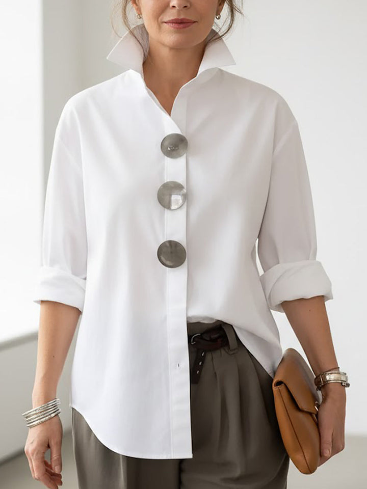 Camicetta da donna in cotone e lino – Elegante collo alla coreana, stile casual