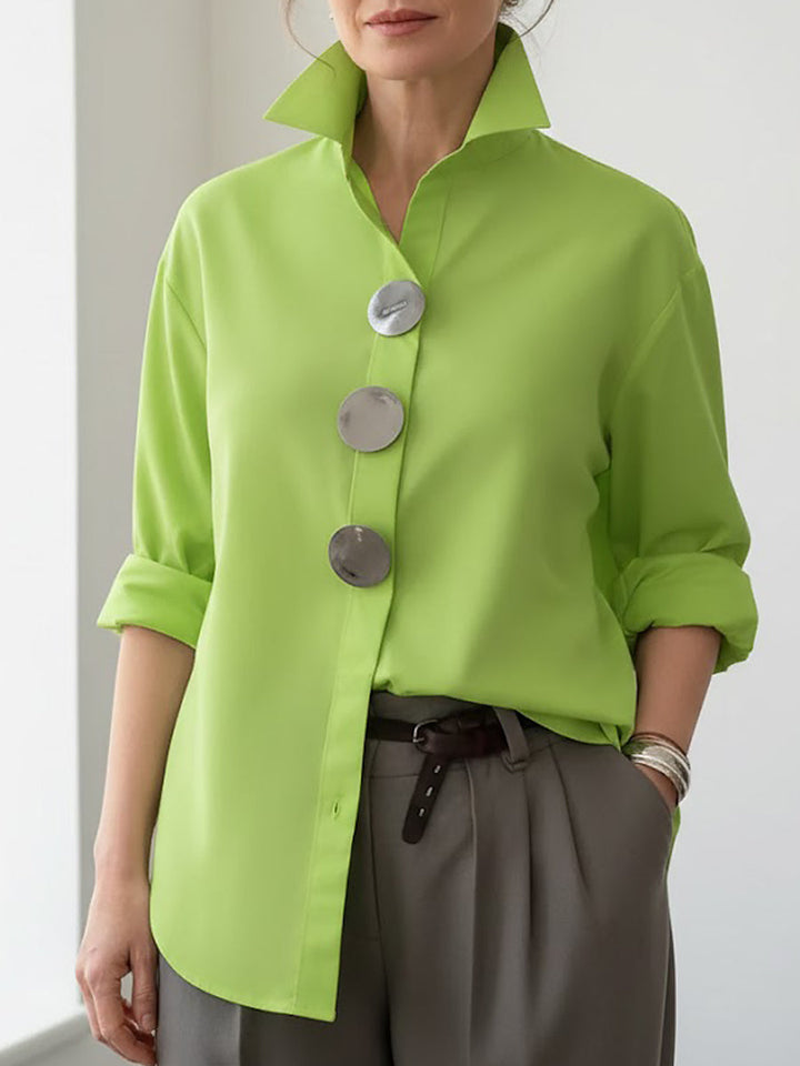 Camicetta da donna in cotone e lino – Elegante collo alla coreana, stile casual