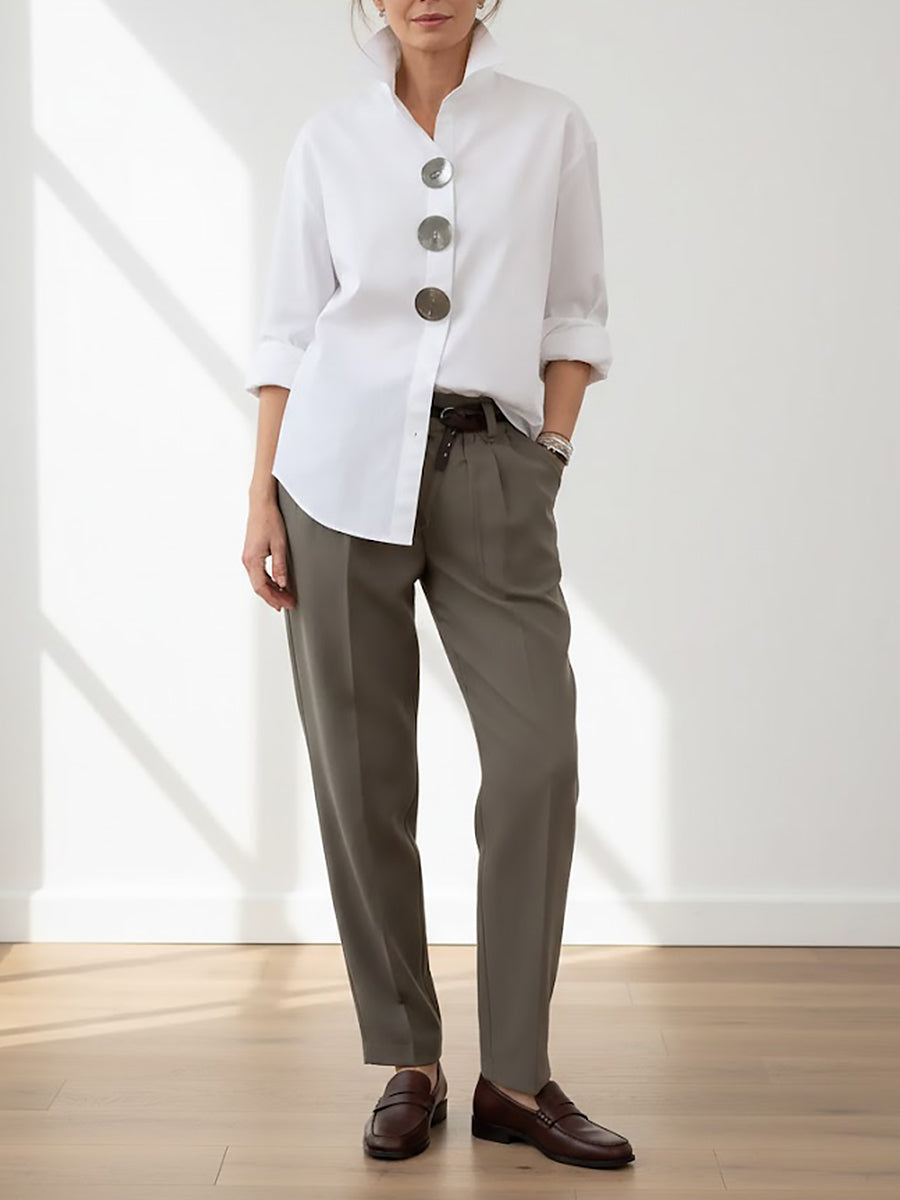 Camicetta da donna in cotone e lino – Elegante collo alla coreana, stile casual