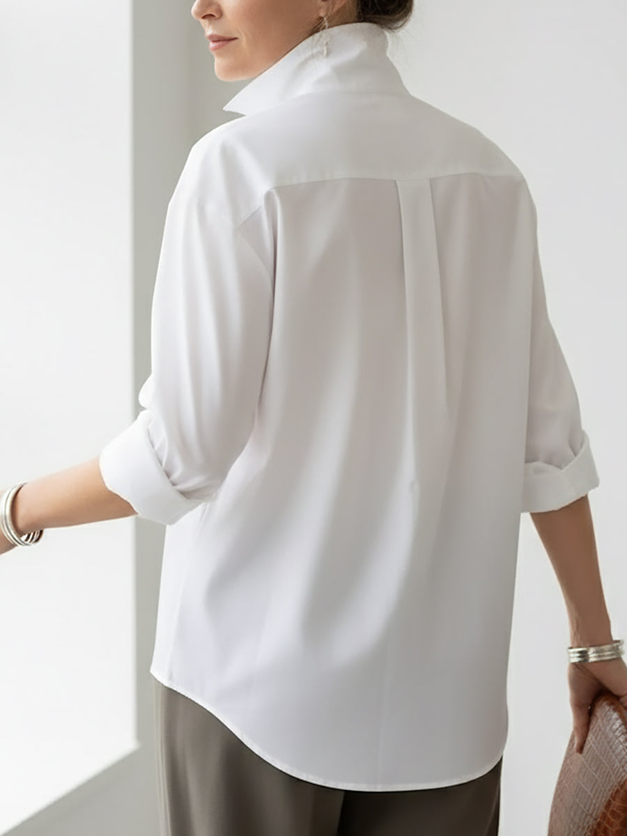 Camicetta da donna in cotone e lino – Elegante collo alla coreana, stile casual
