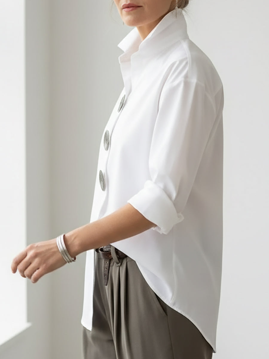 Camicetta da donna in cotone e lino – Elegante collo alla coreana, stile casual
