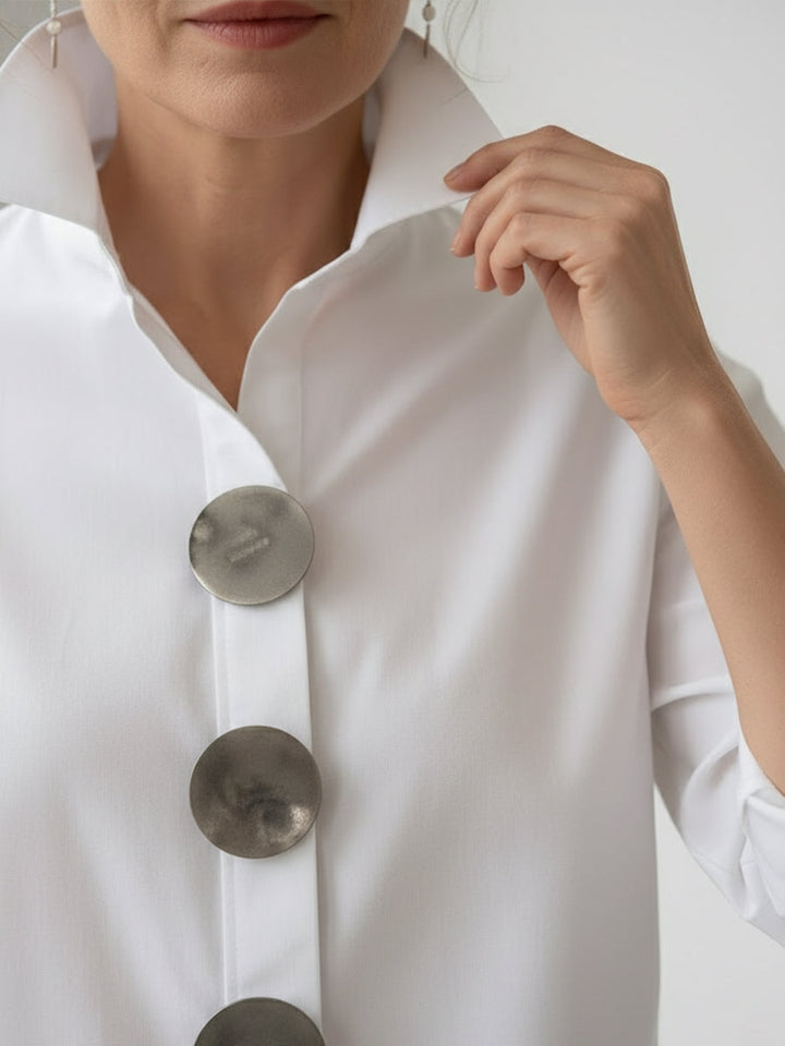 Camicetta da donna in cotone e lino – Elegante collo alla coreana, stile casual