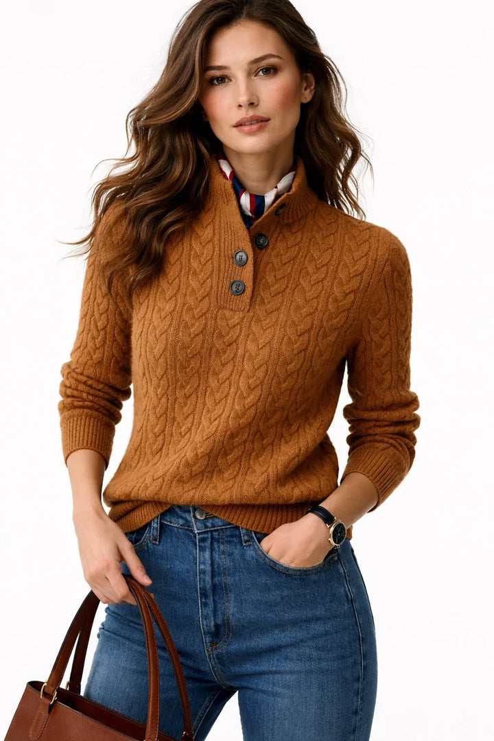 Maglione Pullover in Mistura di Lana con Collo a Bottone e Lavorazione a Treccia per Donna