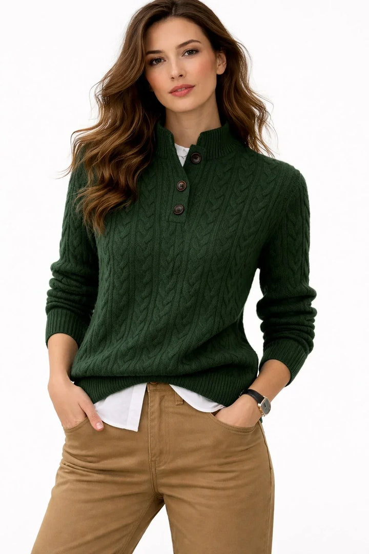 Maglione Pullover in Mistura di Lana con Collo a Bottone e Lavorazione a Treccia per Donna