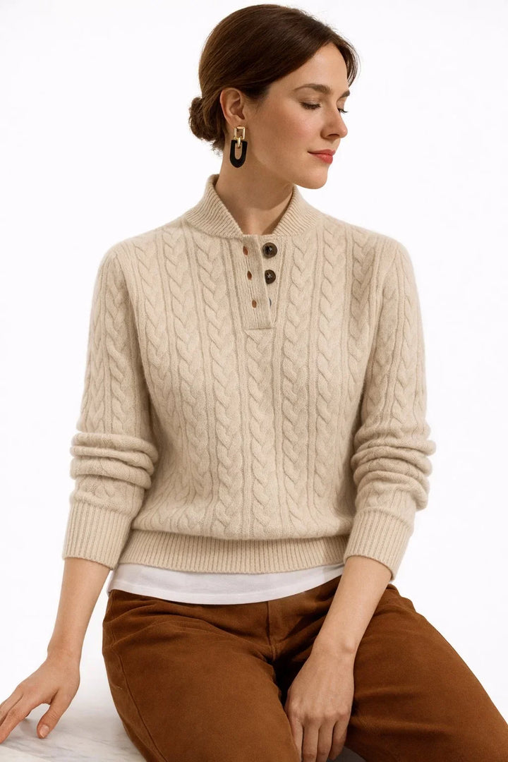 Maglione Pullover in Mistura di Lana con Collo a Bottone e Lavorazione a Treccia per Donna